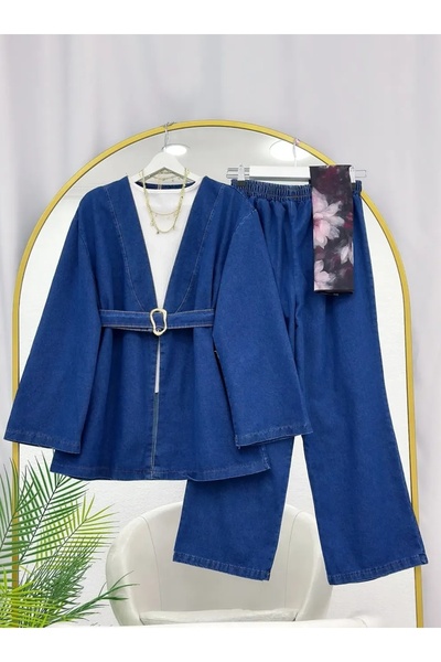 MODA VEDAT Γυναικείο Τζιν Σετ με Λεπτομέρεια Ζώνης και Παντελόνι Κιμονό -0750