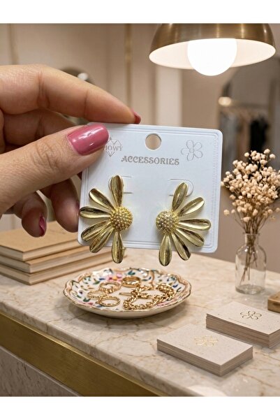 Gold Half Daisy Model Summer Collection Steel Women Earrings Custom Stylish Design, No Blackout