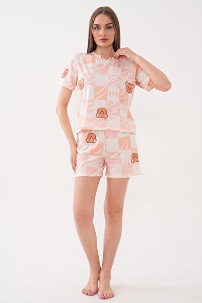 ŞİMAL Women's Patterned Crew Neck Oversize Shorts Set 260228 -