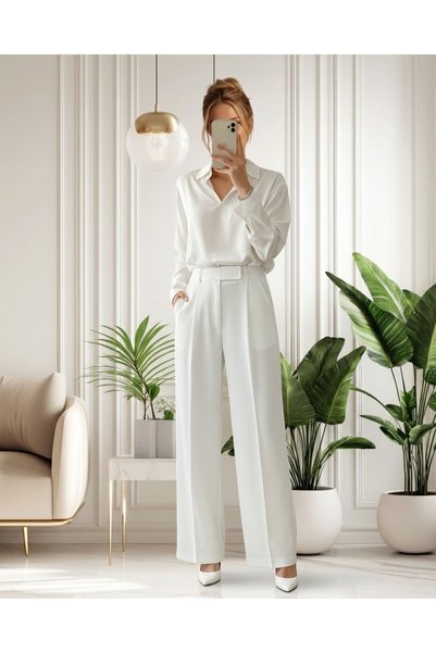 GLOW MUSE Boru Paça Kumaş Pantolon Cırtcırt Detay-Beyaz - Beyaz