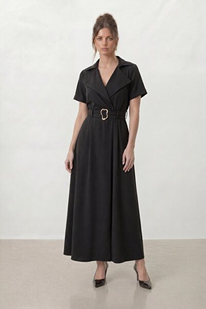 VAGGON Διπλόστρωτο φόρεμα με χρυσή ζώνη και λεπτομέρειες, κοντά μανίκια και μ...