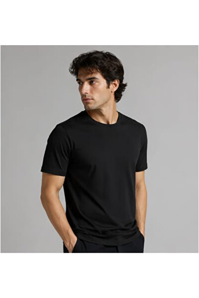 yueswear Unisex Erkek/Kadın Siyah Pamuklu Bisiklet Yaka Basic T-Shirt