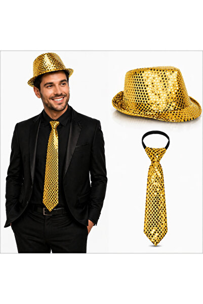 Marsilyan Χρυσό σετ καπέλου και γραβάτας με παγιέτες – Λαμπερό σετ για πάρτι ...