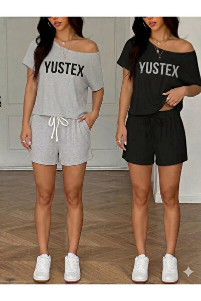 LAUSRA Γυναικείο σορτς 2 τεμαχίων - Μαύρο & Γκρι - Με κορδόνια στη μέση, ρυθμ...