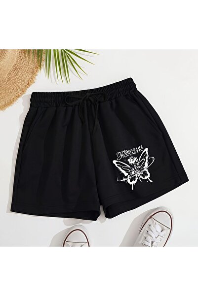 CLASSY.MODA Μαύρο σορτς με στάμπα, άνετη εφαρμογή, ελαστική μέση, καθημερινό ...