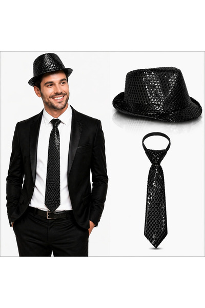 Marsilyan Σετ Καπέλο και Γραβάτα με Μαύρες Παγιέτες – Λαμπερό Σετ για Πάρτι R...