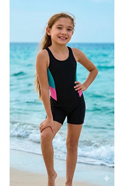 vovido Μαύρο μαγιό με σορτς για κορίτσια - Μαγιό με χρωματικά μπλοκ στα πλαϊν...