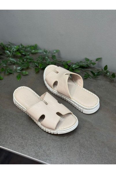 DİVA Cream Leather Orthopedic Women's Daily Slippers