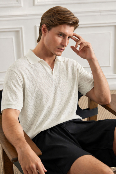 Tarz Cool Men's Jacquard Patterned Buttonless Polo Collar T-Shirt Slim Fit Su...