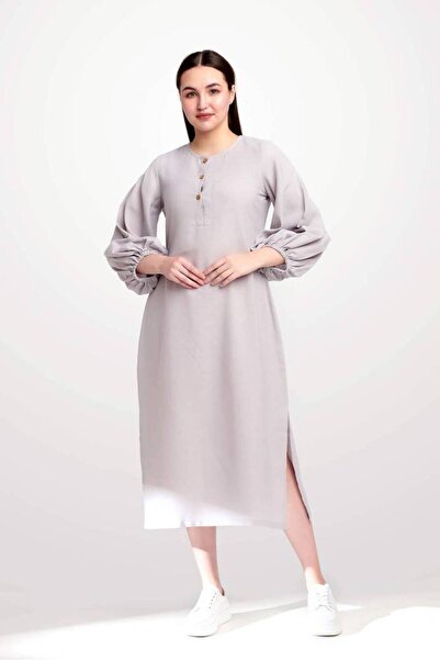 OEMS فستان ميدي رمادي فاتح بتصميم حضري أنيق - مقاس 2XL