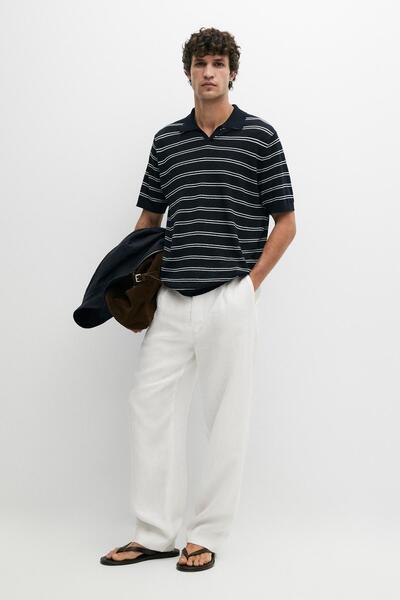 Massimo Dutti %100 keten çizgili V yaka polo t-shirt