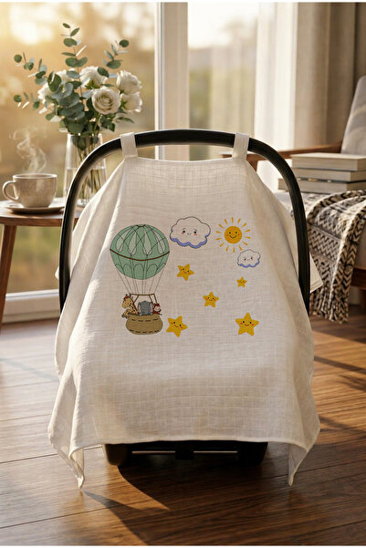 bebeqon %100 Müslin Bebek Puset Örtüsü Uçan Balon Desenli Beyaz 70x110 cm