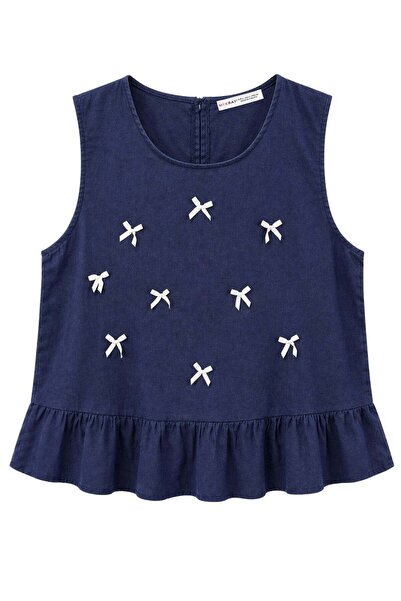 Mixray 4718 Γυναικεία λινή μπλούζα με φιόγκο και βολάν, σε μπλε ναυτικό