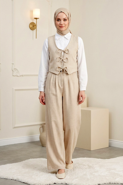 FERHEL Γυναικείο Σετ Γιλέκο και Παντελόνι με Δέσιμο στο Μπροστινό Μέρος - Πέτ...