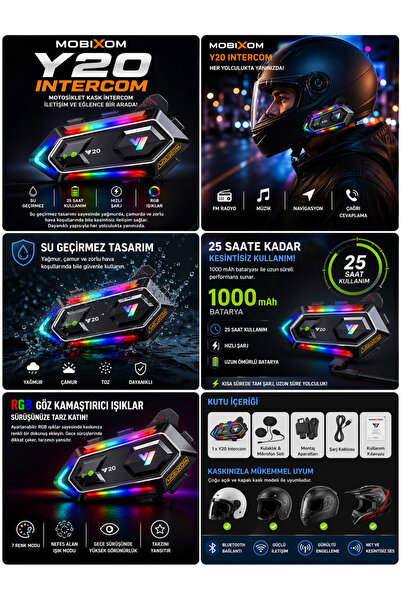 mobixom Y20 Motosiklet Kask Intercom Bluetooth Kulaklık – Su Geçirmez, RGB Iş...