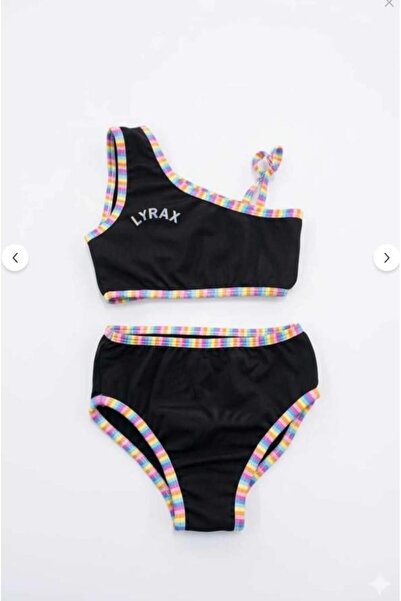 vovido Girl's Black One-Shoulder Bikini Set - Colorful Ribbed Sea and Pool Sw...