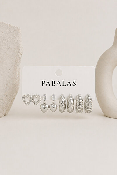 PABALAS مجموعة من 8 أقراط دائرية فضية اللون - أقراط متعددة بتصميم قلب متدلي، ...