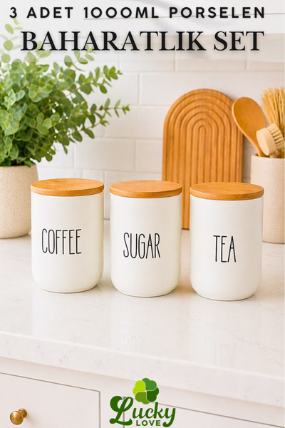 Lucky Love 3'Lü Bambu Lüks Kapaklı Çay/Kahve/Şeker Kavanozu 1000ml