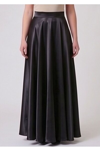 WAYS Γυναικεία μαύρη σατέν φούστα με φερμουάρ, ψηλόμεση μακριά φούστα