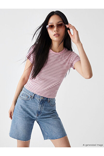 LC Waikiki Peak New Season Crew Neck Striped Women's Ribbed T-Shirt