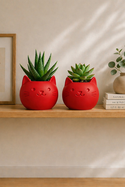 Lorien3D Kedi Figürlü Modern Tasarım Sukulent Saksı 2’li Set 🌿 Dekoratif Min...