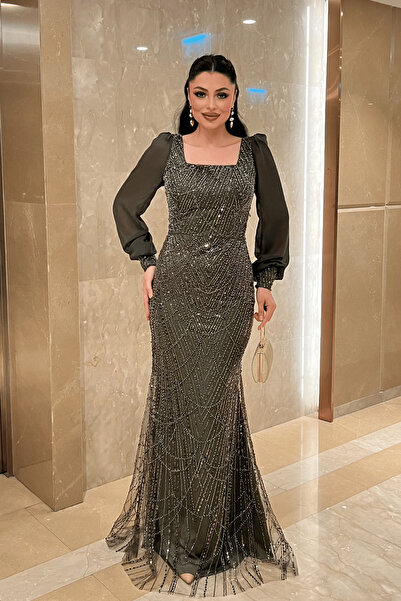 giyimmasalı Φόρεμα από σιφόν με χάντρες στα μανίκια - ΠΡΑΣΙΝΟ ΧΑΚΙ