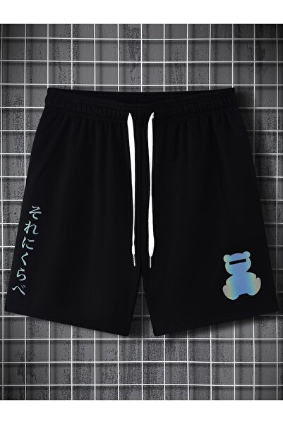 CLASSY.MODA Μαύρο σορτς με στάμπα, άνετη εφαρμογή, ελαστική μέση, καθημερινό ...