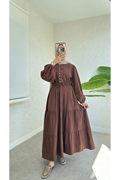 TATULA Stylish Dress with Balloon Sleeves and Button Detail
