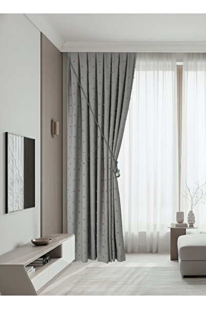 cheap's home Ponponlu Kabartma Dokulu Modern Keten Fon Perde - Sık Pileli 1/3...