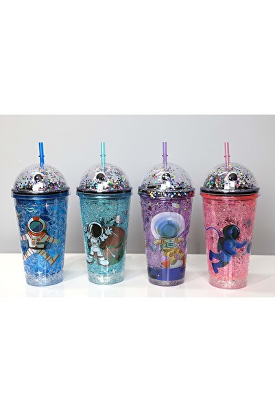 Store Sevimli Astronot Işıklı Pipetli Pullu Suluk Bardak 400 Ml Çocuk Matara