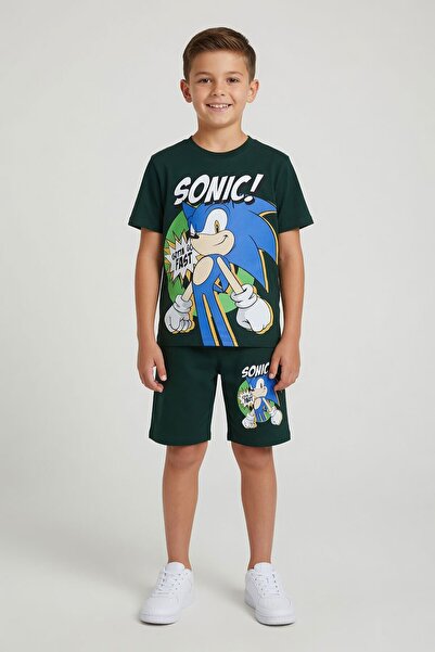 Cansın Mini Green Hedgehog Sonic Printed Boys' T-Shirt and Shorts 2-Piece Set...