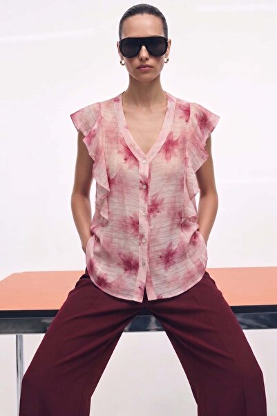 Sateen Πουκάμισο με λεπτομέρειες βολάν - Ροζ