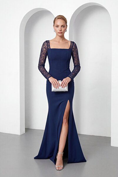 Lafaba Women's Navy Blue Square Neck Lace Long Fishtail Evening Dress
