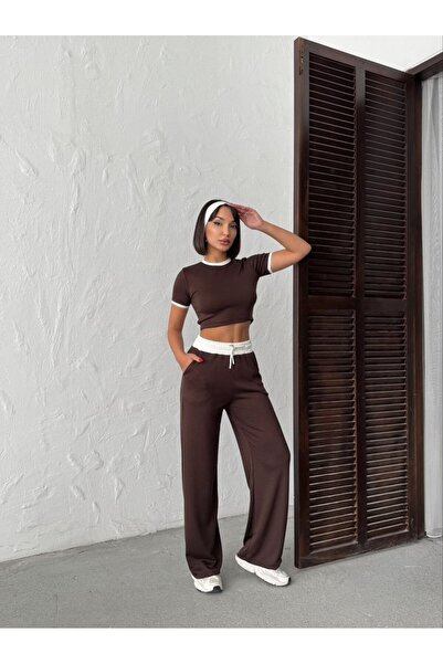 EVOA Γυναικείο Σετ με Καφέ Μπλούζα με Λεπτομέρεια Περιτύλιξης στον Λαιμό & Πα...