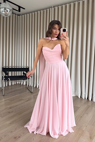 Sue Store Powder Draped Strapless Evening Dress with Shawl