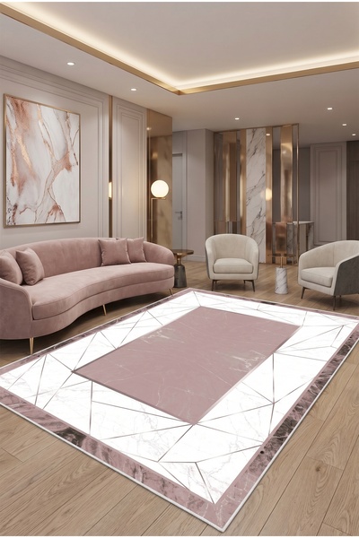VOPTEKS Pembe Halı Salon Halısı Makinede Yıkanabilir Kaymaz Taban Halı