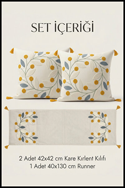 cottoncloth Papatya Punch Nakışlı Papatya Desenli Kırlent Runner Seti 2 Kare ...