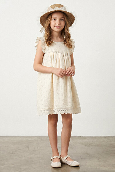 kinderos Κοριτσίστικο λινό φόρεμα με ψάθινο καπέλο και σχέδιο λουλουδιών - 26...