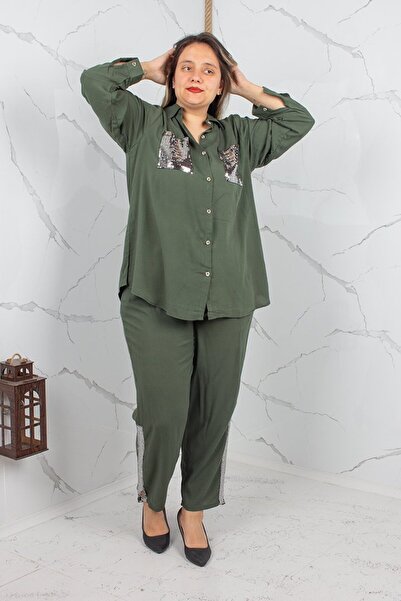 Truva XXL طقم قميص وبنطلون من الفيسكوز المزين بالترتر مقاس كبير باللون الأخضر...