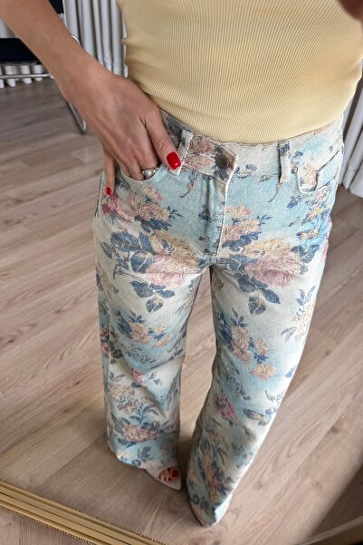 Sue Store Μπλε εκρού τζιν με φλοράλ σχέδιο