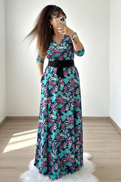 AZRA BUTİK Πράσινο φλοράλ φόρεμα σε όλο το μήκος