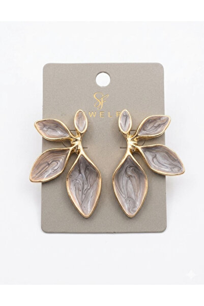 GenelTedarik Gold Color Gray Leaf Detailed Steel Earrings