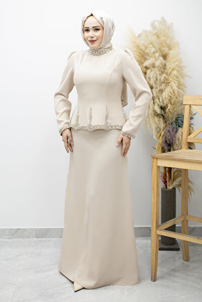 Tesettür Dünyası Βραδινό φόρεμα με πέτρινη κεντητική διακόσμηση και πεπλάμ TS...