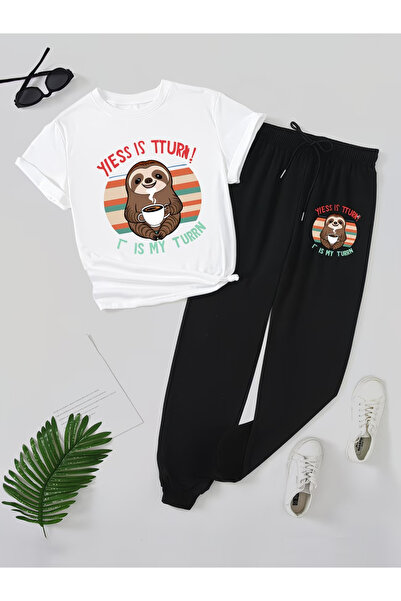 LAVİTTA Coffe Printed Sweatpants and T-Shirt - Jogger T-Shirt Bottom Top Swea...