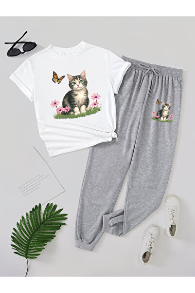 LAVİTTA Cat Printed Sweatpants and T-Shirt - Jogger T-Shirt Bottom Top Sweatp...
