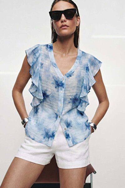 Sateen Πουκάμισο με λεπτομέρεια βολάν - Μπλε