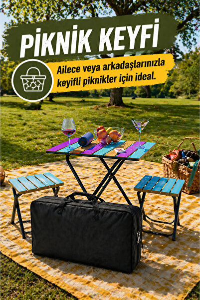 Bino Kamp Masası Seti 2 Tabure Taşıma Çantası Katlanır Ahşap Piknik Masası