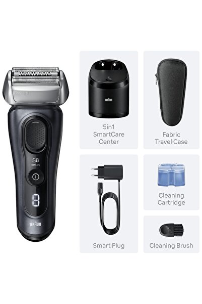 Braun Aparat de ras electric Series 8 pentru barbati 8663 CC, Wet & Dry cu capete de precizie 4+1, senzor de barba SensoAdapt, autonomie fara fir de 60 de minute, centru SmartCare 5 in 1, gri