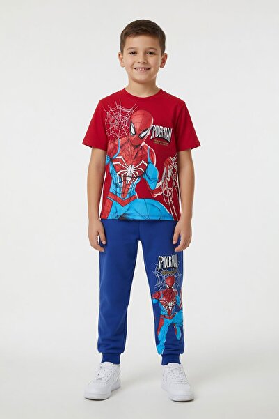 Cansın Mini Red Boy's Spiderman Print Tracksuit T-Shirt 2-Piece Set 23988