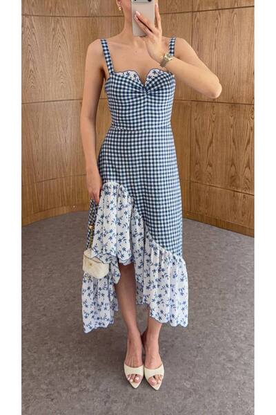 LOKADI Μπλε καλοκαιρινό μίντι φόρεμα με σχέδιο ποτικαρέ και λεπτομέρεια με λο...